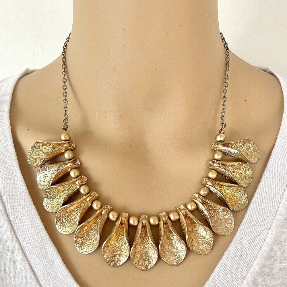 Just Tilly Gold Tone Necklace Curved Leaves Beads 20in Statement Bib Retro Style